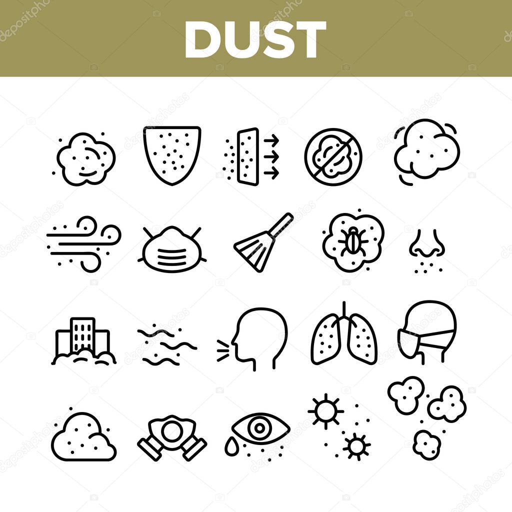 Dust And Polluted Air Collection Icons Set Vector Thin Line. Mask And Respirator, Lungs And Nose, Environment Pollution And Dust Concept Linear Pictograms. Monochrome Contour Illustrations