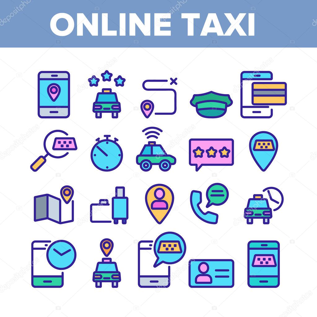 Online Taxi Collection Elements Icons Set Vector Thin Line. Smartphone With Gps Mark And Baggage, Card And Direction, Stopwatch And Taxi Car Concept Linear Pictograms. Color Contour Illustrations