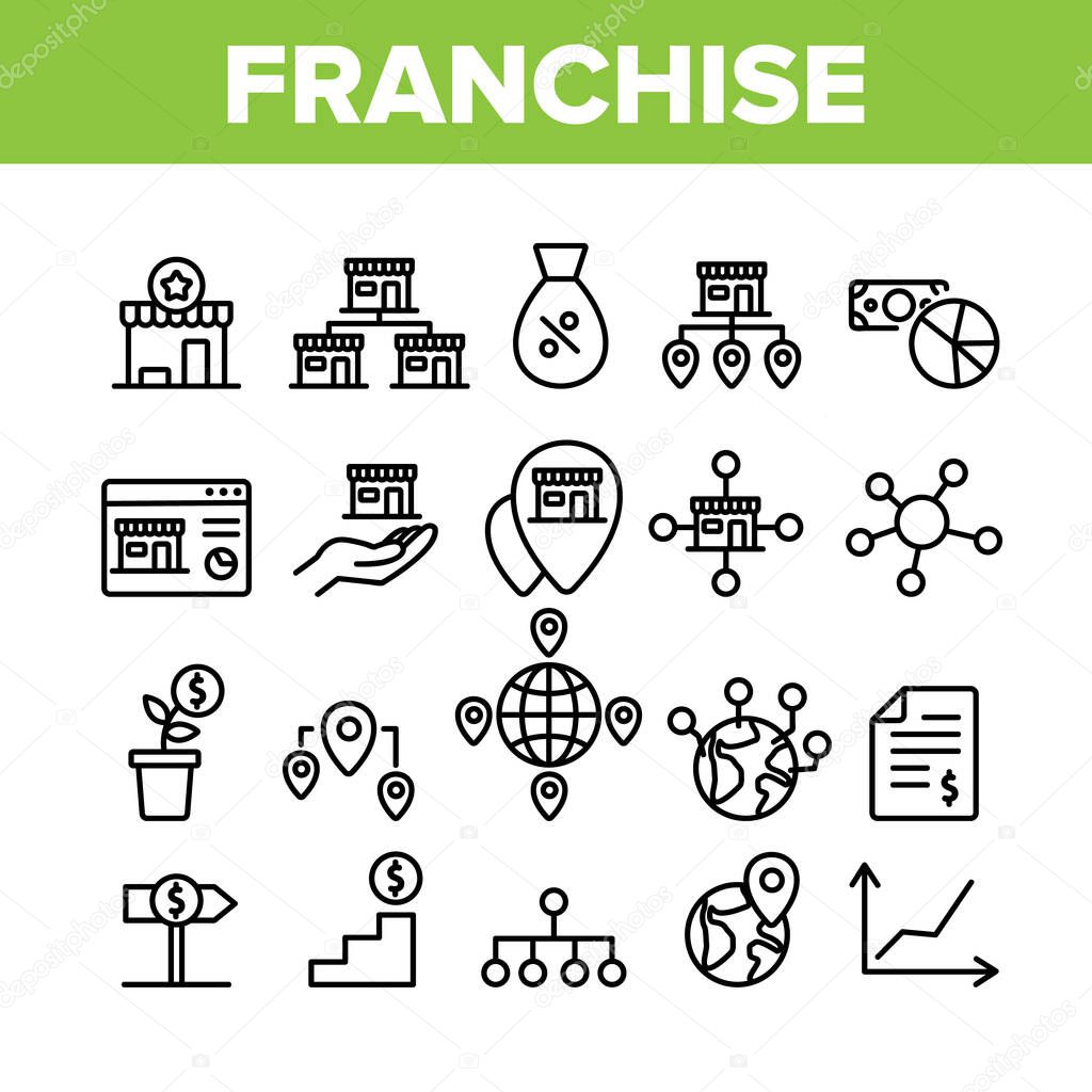 Franchise Collection Elements Icons Set Vector Thin Line. Home Office And Corporate Headquarters, Globe With Gps Mark And Web Site Franchise Concept Linear Pictograms. Monochrome Contour Illustrations
