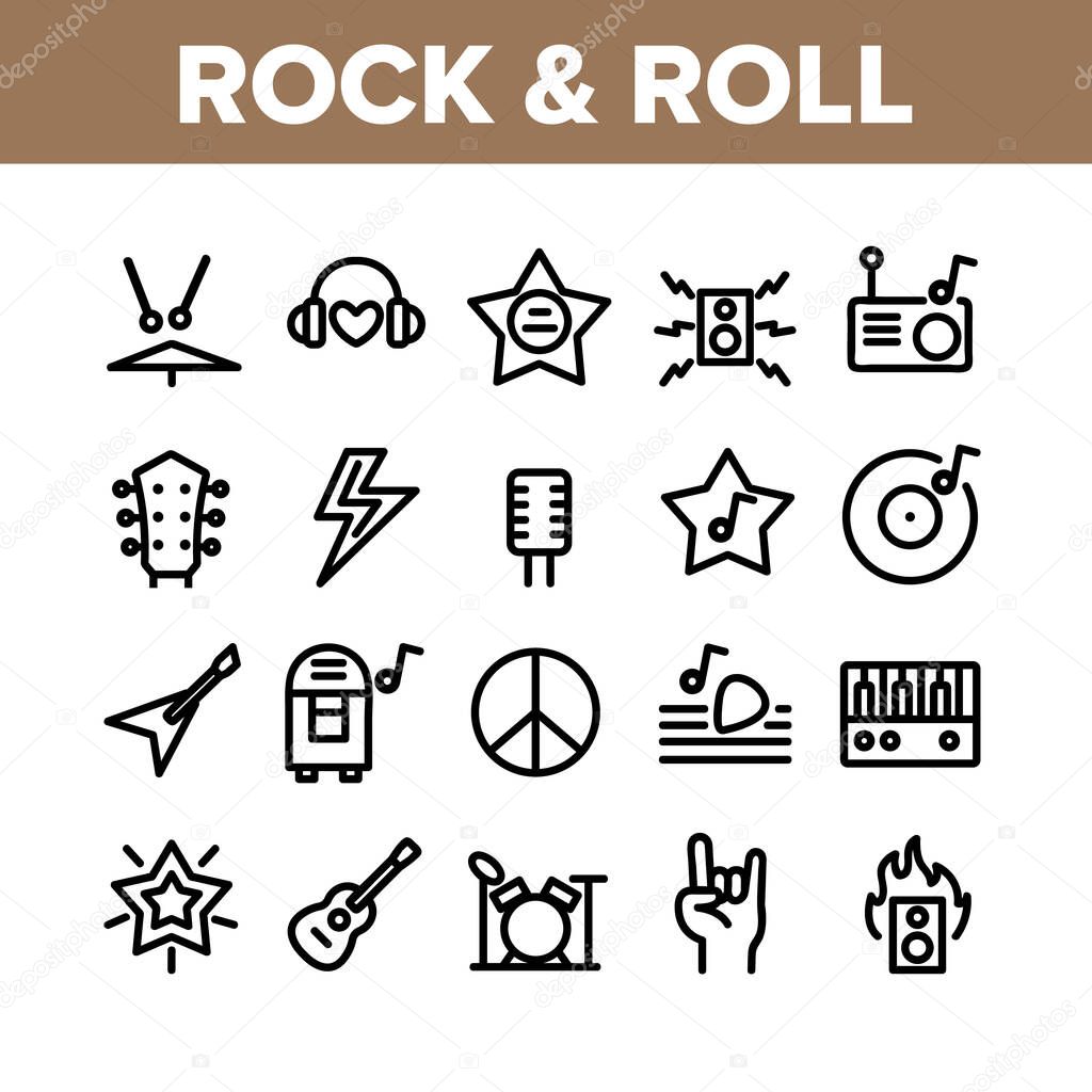 Rock And Roll Collection Elements Icons Set Vector Thin Line. Guitar And Drums, Microphone And Headphones, Star And Rock Music In Radio Concept Linear Pictograms. Monochrome Contour Illustrations