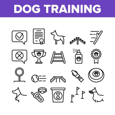 Köpek Eğitim Malzemeleri Toplama Simgeleri Vektörü Ayarladı. Namlu ve Madalyalı Hayvan Köpeği, Sertifika ve Ödül, Sopa ve Top Konsepti Doğrusal Piktogram. Tek Renkli Katılım Çizimleri