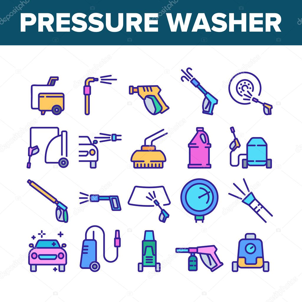 Pressure Washer Tool Collection Icons Set Vector. Pressure Washer Equipment For Wash Car Wheel And Glass, Brush And Sprayer Color Illustrations