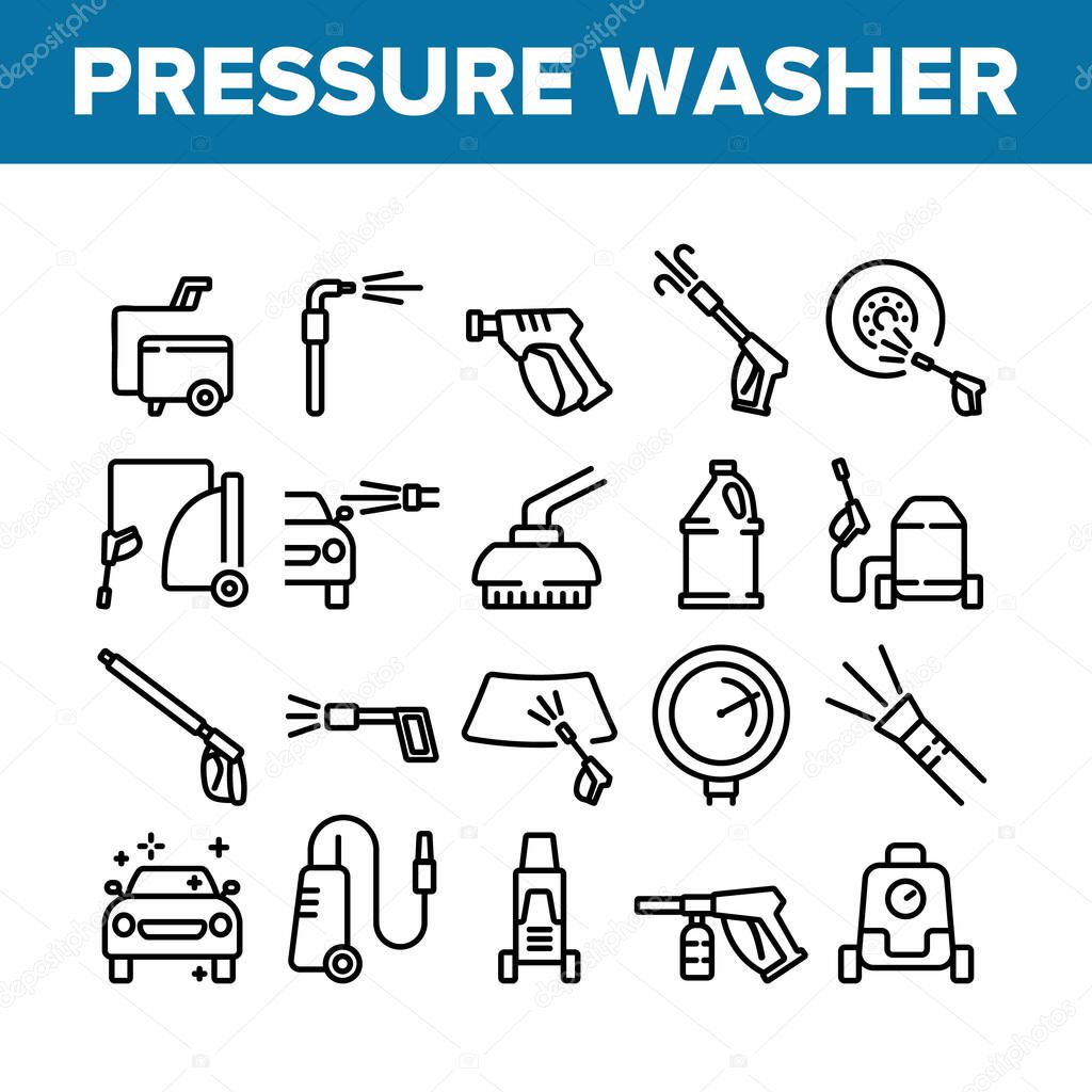 Pressure Washer Tool Collection Icons Set Vector. Pressure Washer Equipment For Wash Car Wheel And Glass, Brush And Sprayer Concept Linear Pictograms. Monochrome Contour Illustrations