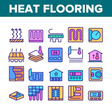 Isı Döşeme Aygıtı Koleksiyon Simgeleri Vektörü Ayarla. Kat Sıcaklığı Denetim Düzenleyici ve Isıtma Odası ve Ev Rengi Çizimleri için Ekipman