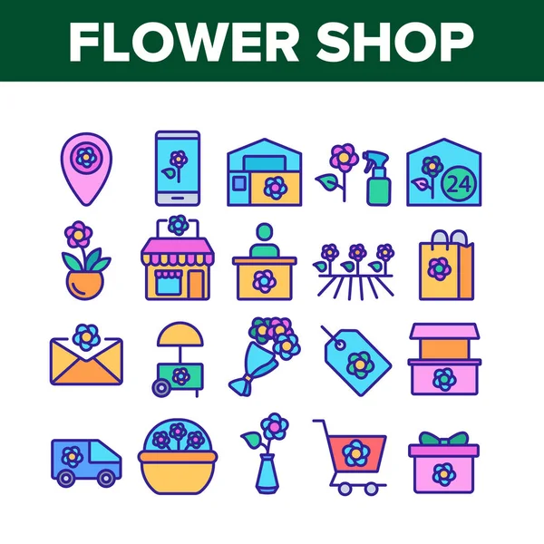 Flower Shop Boutique Collection Ikoner Uppsättning Vektor Blomma Butik Leverans — Stock vektor