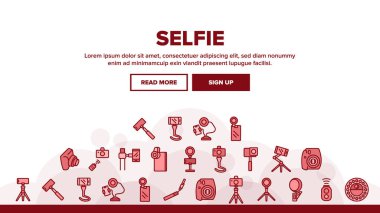 Selfie Fotoğraf Makinesi İniş Web Sayfa Başlığı Sancak Şablonu Vektörü. Selfie Çubuğu, Tripod, Lens ve Işık Aletleri, Fotoğraf Çizimleri için Uzaktan kumanda Aksesuarı