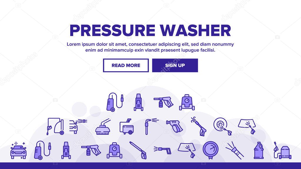 Pressure Washer Tool Landing Web Page Header Banner Template Vector. Pressure Washer Equipment For Wash Car Wheel And Glass, Brush And Sprayer Illustrations