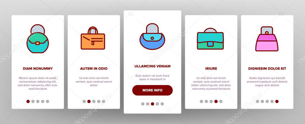 Women Bag Accessory Onboarding Mobile App Page Screen Vector. Fashion Women Bag Baguette And Bucket, Duffel And Hobo, Saddle And Shopper Illustrations