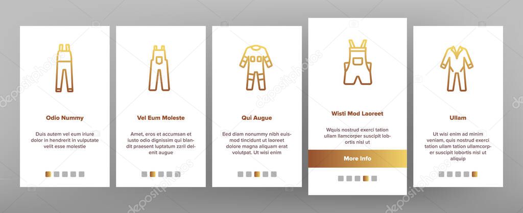 Overalls Worker Protect Clothes Onboarding Mobile App Page Screen Vector. Human Protection Overalls, Safety And Protective Body Clothing And Workwear Illustrations