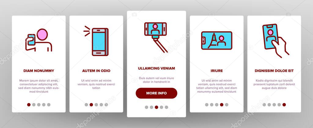 Selfie Photo Camera Onboarding Mobile App Page Screen Vector. Selfie Stick Tool And Smartphone Digital Device For Make Photography Card Illustrations
