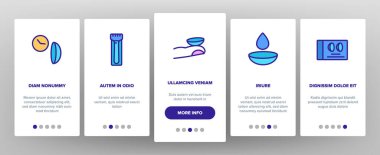 Mobil Uygulama Sayfası Ekran Vektöründeki Görüntü için Lens Aksesuarı ile irtibata geç. Kontakt lensler ve Sıvı, Düşüren ve İlaç Çizimleri ile Bardakta