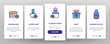 Hindistan cevizi Kozmetik Paketi Mobil Uygulama Sayfa Ekran Vektörü. Hindistan cevizi kremi paketleme şişeleri ve kaplar, yağ damlası ve ruj çizimleri.