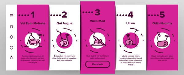 Exercise Bike Sport Onboarding Mobile App Page Screen Vector. Bike Sportive Equipment, Gym And Fitness Physical Training Health Activity Tool Illustrations