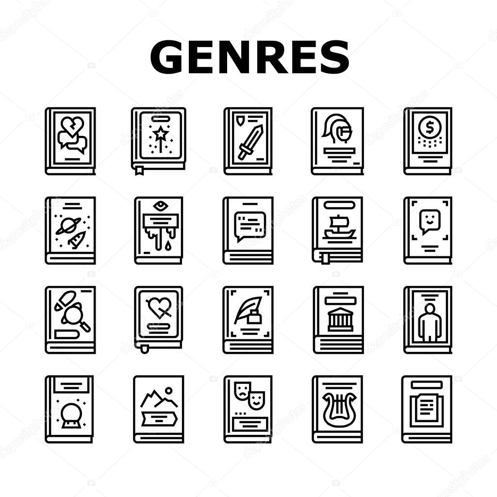 Literary Genres Books Collection Icons Set Vector. Drama And Fairy Tale, Fantasy And Historical, Business And Science Fiction Genres Black Contour Illustrations