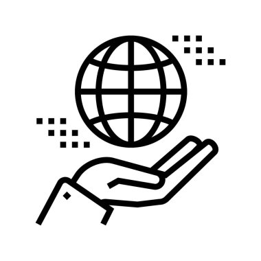 Dünya küresi çizgi ikon vektörüyle el ele tutuşmak. El ele tutuşan toprak küre işareti. izole edilmiş çizgi simgesi siyah illüstrasyon
