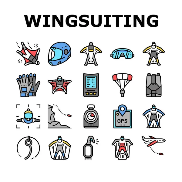 Set Iconos Wingsuiting Sport Collection Vector Traje Alas Casco Protección — Vector de stock