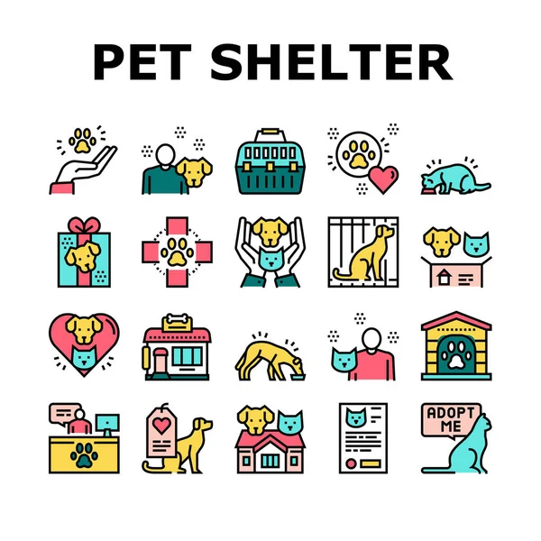 Animal Pet Shelter Collection Ícones Set Vector Edifício Trabalhador Abrigo — Vetor de Stock