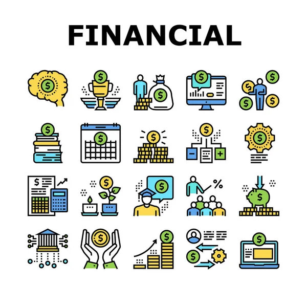 Conjunto Iconos Colección Educación Financiera Vector Libros Inversiones Financieras Intercambio — Vector de stock