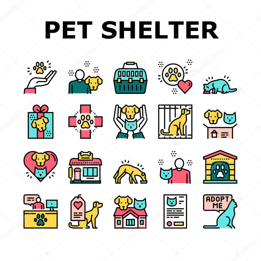 Animal Pet Shelter Collection Icons Set Vector. Pet Shelter Building And Worker, Eating Cat And Dog, Puppy Present And Medical Document Color Contour Illustrations