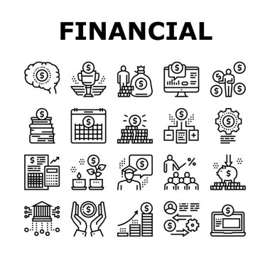 Mali Eğitim Toplama Simgeleri Vektörü Ayarladı. Finansal Kitaplar ve Yatırım, Çalışan Para ve Para Takvimi, Mali Takvim ve Büyüyen Siyahi Katılımlar