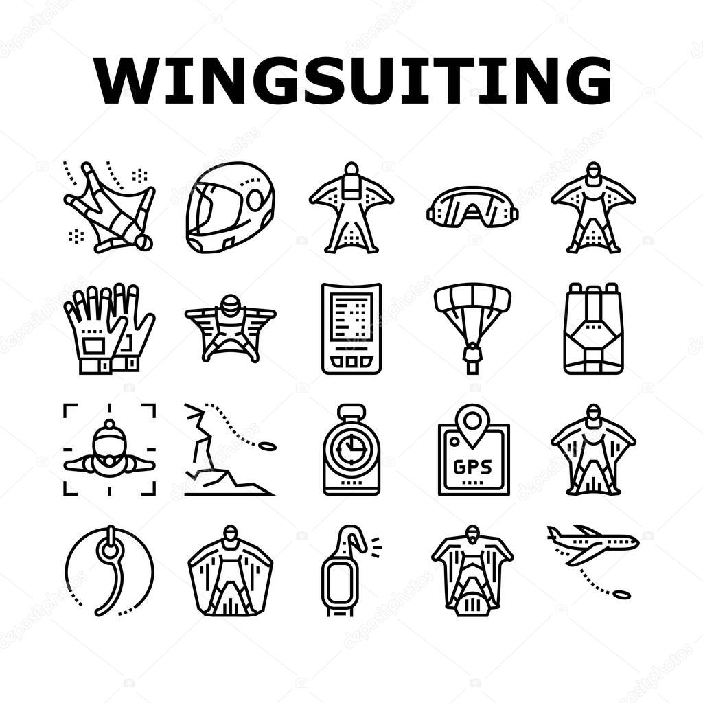 Wingsuiting Sport Collection Icons Set Vector. Wingsuiting Suit And Protection Helmet, Glasses And Gloves, Parachute And Hook Extreme Flying Tool Black Contour Illustrations