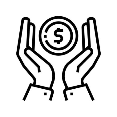 Eller madeni para çizgisi ikon vektörünü tutuyor. Bozuk para işareti tutan eller. izole edilmiş çizgi simgesi siyah illüstrasyon