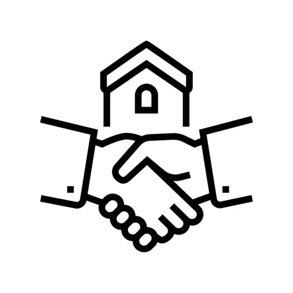 房子购买握手线图标矢量 房子里都有握手标志 孤立的等高线符号黑色插图 — 图库矢量图片