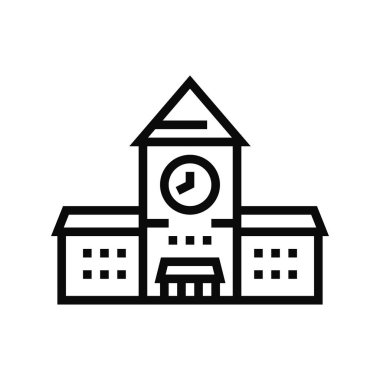 Saat çizgisi ikon vektörlü tren istasyonu binası. Saat işaretli tren istasyonu binası. izole edilmiş çizgi simgesi siyah illüstrasyon