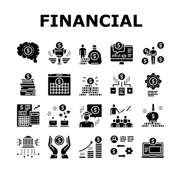 金融教育コレクションのアイコンセットベクトル 財務書と投資 ワーキングマネーとコイン取引所 財務カレンダーと成長のグリフ写真 Black Illustration — ストックベクタ