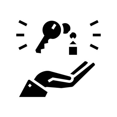Ev anahtarı sembol vektörüyle el ele tutuşmak. Ev anahtarı tabelası. izole edilmiş çizgi simgesi siyah illüstrasyon