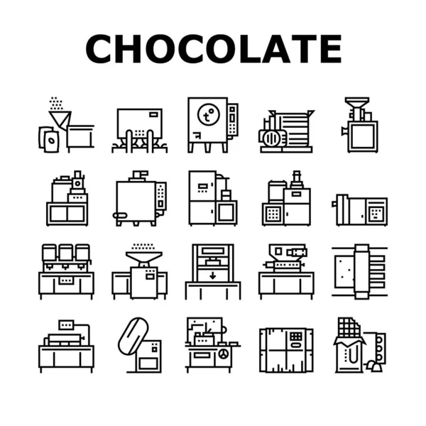 巧克力生产收集图标设置向量 巧克力工厂制造设备 工厂加热可可机 输送机黑线图解 — 图库矢量图片