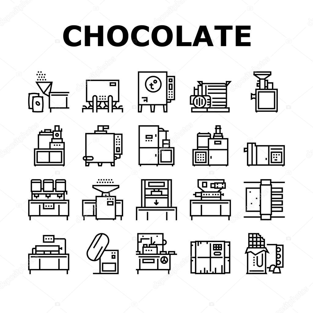 Chocolate Production Collection Icons Set Vector. Chocolate Factory Industry Manufacturing Equipment, Plant Heating Cocoa Machine, Conveyor Black Contour Illustrations