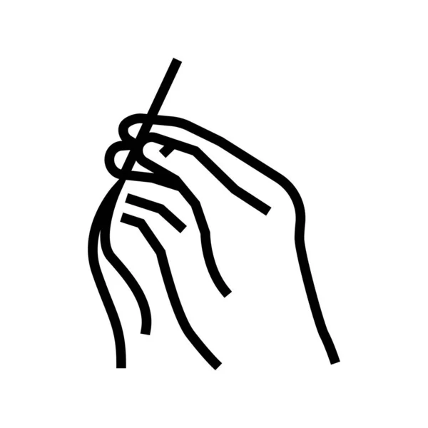 糸線アイコンベクトルで針を握るミシン 手編みの針に糸のサイン入り 隔離された輪郭シンボルブラックイラスト — ストックベクタ