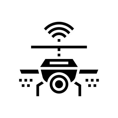 Kablosuz ağ ve kamera sembol vektörlü İHA. Kablosuz ağ ve kamera işaretli İHA. izole edilmiş çizgi simgesi siyah illüstrasyon