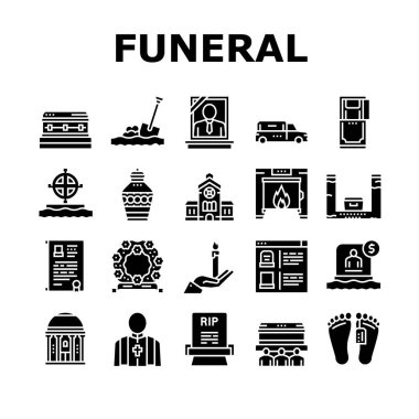 Cenaze Cenaze Servisi Toplama Simgeleri Vektörü Ayarladı. Kilise, Mezar ve Tabut, Mum ve Mezar Taşı, Cenaze Krematoryumu ve Mezarlıktaki Glyph Pictogram Siyah Resimler