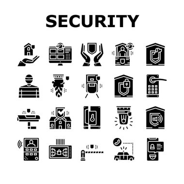 Ev Güvenlik Aygıtı Koleksiyon Simgeleri Vektörü Ayarla. Hareket sensörü ve CCTV kamerası, Alarm Sireni ve Kilit Parola Ev Güvenliği ve Ekipman Glyph Piktogramları Siyah Resimleri Koruma