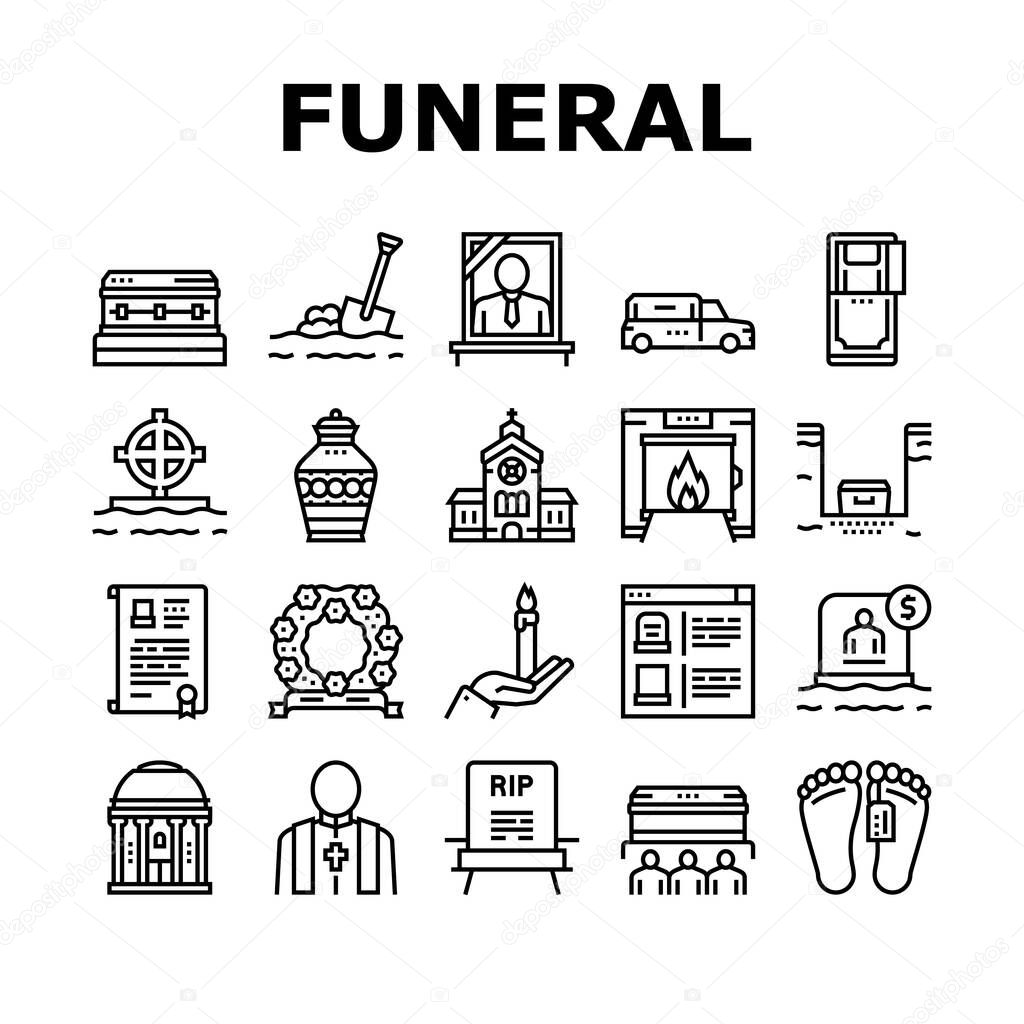 Funeral Burial Service Collection Icons Set Vector. Church And Priest, Grave And Coffin, Candle And Gravestone, Funeral Crematorium And Cemetery Black Contour Illustrations