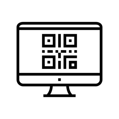 Bilgisayar ekranı çizgi simgesi vektöründeki qr kodu. Bilgisayar ekranında QR kodu. izole edilmiş çizgi simgesi siyah illüstrasyon