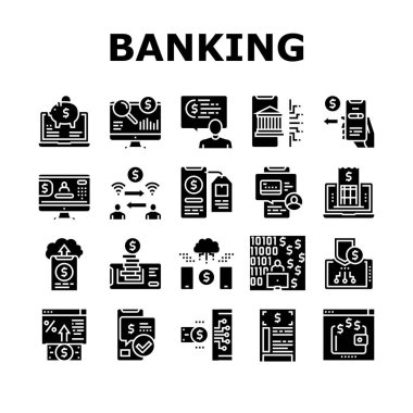 Çevrimiçi Bankacılık Finans Toplama Simgeleri Vektörü Ayarladı. Çevrimiçi Bankacılık Ödemeleri ve Banka Hesapları, Elektronik Para ve Cüzdan, Satın Alım Raporu Doğrusal Resim Çekimleri. Contour Illustrations