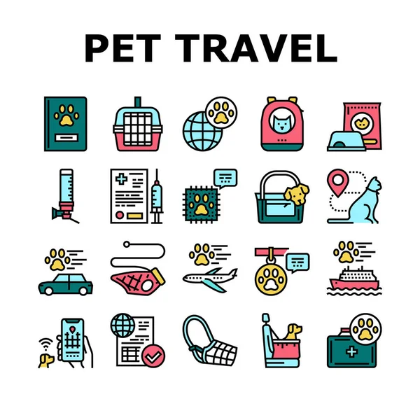 Pet Travel Equipment Collection Ícones Set Vector Gaiola Saco Transporte —  Vetores de Stock