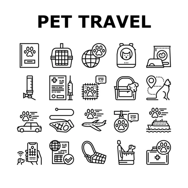 宠物旅游设备收集图标集向量 宠物运输笼和袋子 皮带和枪口行走 食物碗和饮料黑线画图 — 图库矢量图片