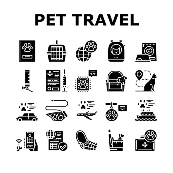 Pet Travel Equipment Collection Ícones Set Vector Gaiola Saco Transporte —  Vetores de Stock