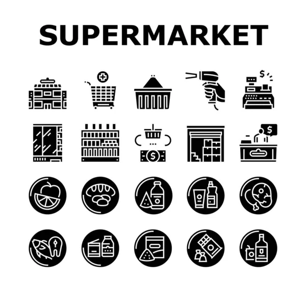 Supermarkt Store Collectie Pictogrammen Set Vector Supermarktkar Mandje Kassa Barcodescanner — Stockvector