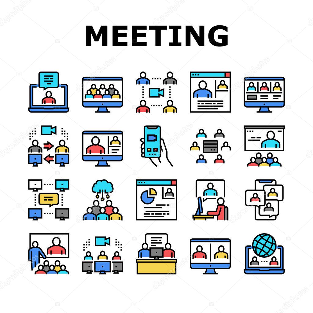 Online Video Meeting Collection Icons Set Vector. Meeting And Conference, Presentation And Interview, Computer Technology For Communication Concept Linear Pictograms. Color Contour Illustrations