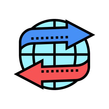 Dünya çapında hizmet renk ikonu vektörü al ve dışa aktar. Dünya çapında ithalat ve ihracat tabelası. izole edilmiş sembol çizimi