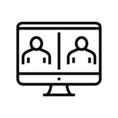 Online video ekranı çizgi simgesi vektörünü arıyor. Çevrimiçi video ekranı işareti. izole edilmiş çizgi simgesi siyah illüstrasyon