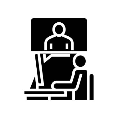 Video çağrısı ya da uzaktan röportaj sembolü vektörü. Video çağrısı ya da uzaktan görüşme işareti. izole edilmiş çizgi simgesi siyah illüstrasyon