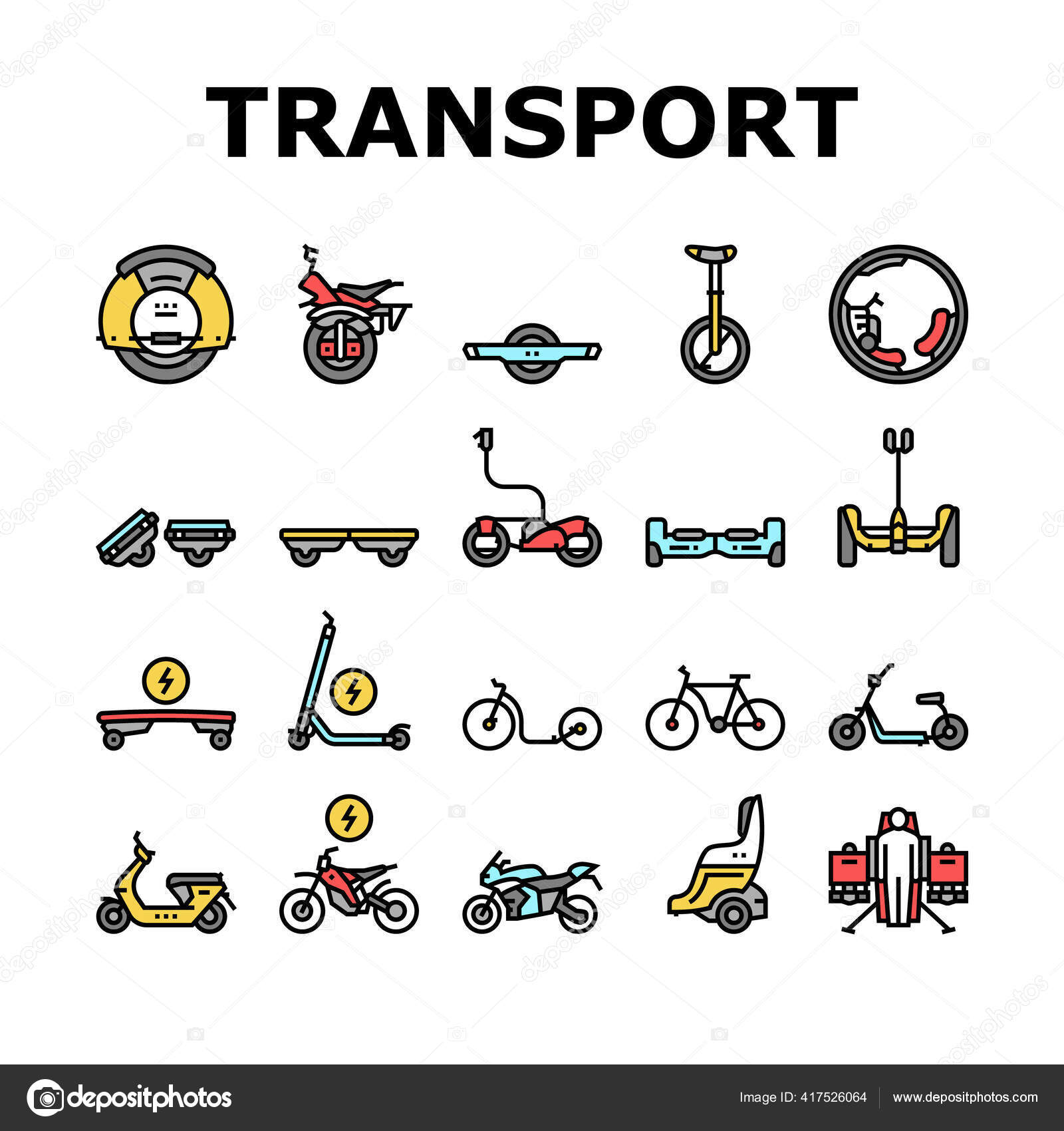 Personal Transport Collection Icons Set Vector Scooter Bicycle