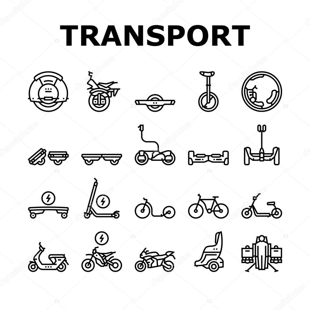 Personal Transport Collection Icons Set Vector. Scooter And Bicycle, Motorbike And Bike, Electric Monowheel And Hoverboard Transport Black Contour Illustrations