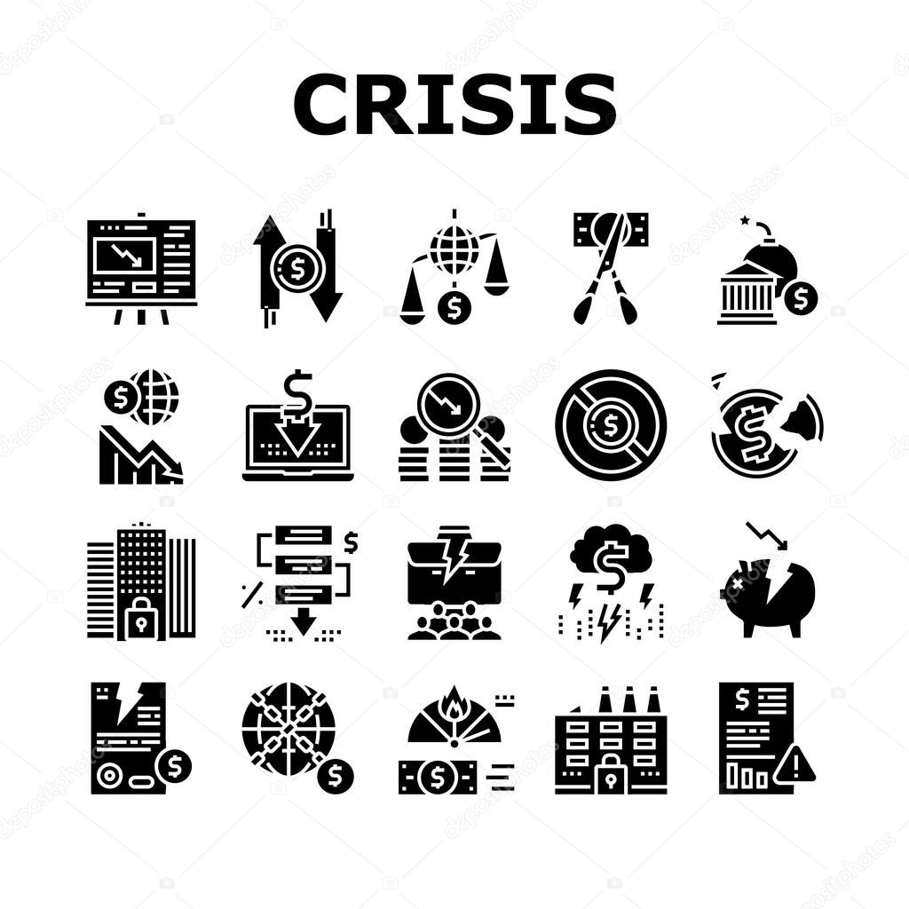 World Financial Crisis Collection Icons Set Vector. Scissors Cutting Money Banknote And Crashed Coin, Economic Crisis And Finance Bank Bang Concept Linear Pictograms. Color Contour Illustrations